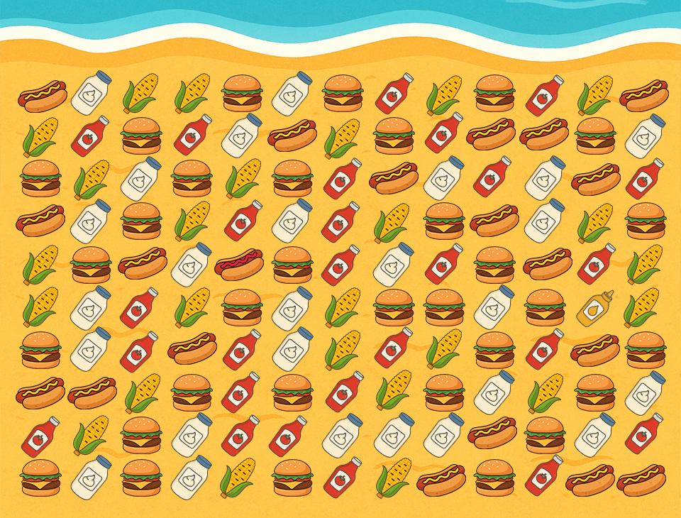 Illustration of a beach scene with a pattern of hot dogs, hamburgers, corn on the cob, ketchup, mustard, and milk bottles; a visual puzzle to find the missing mustard and hot dog.