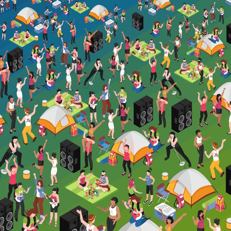 Illustration of a crowded music festival with people dancing, playing music, and camping.