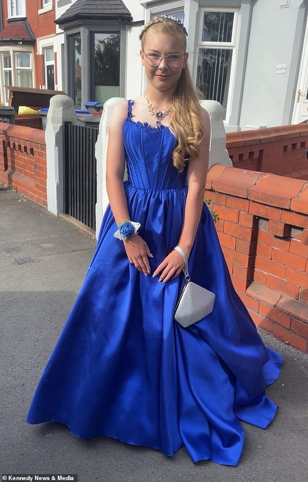 Jessica pictured before her primary school prom last month just hours before a bully 'repeatedly stamped on' her £450 blue dress as others 'filmed it and laughed'