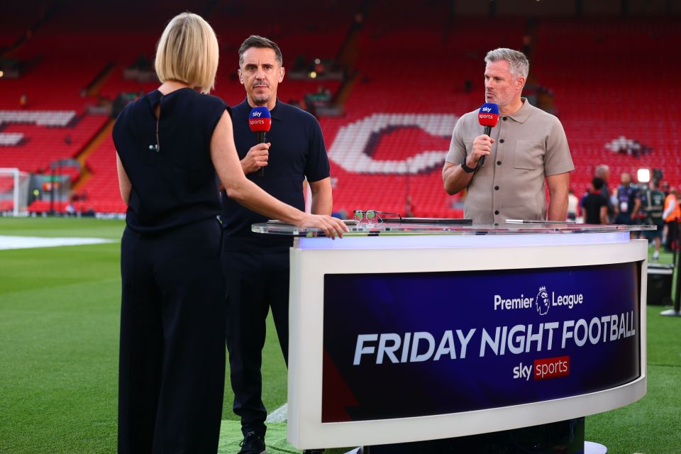 Gary Neville, Jamie Carragher, and Kelly Cates at a Sky Sports Premier League Friday Night Football broadcast.