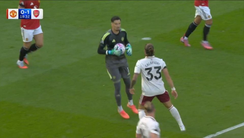 Manchester United goalkeeper with the ball during a soccer game.