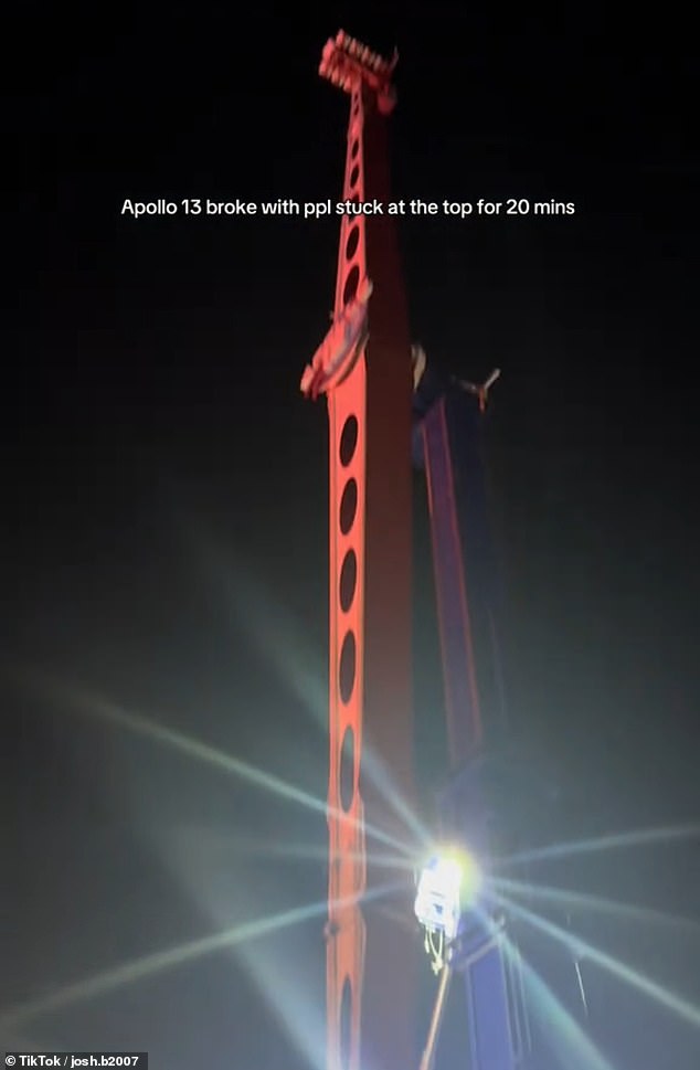 Festival-goers were left dangling upside down for 20 minutes after the Apollo 13 ride at Boardmasters, pictured, broke down