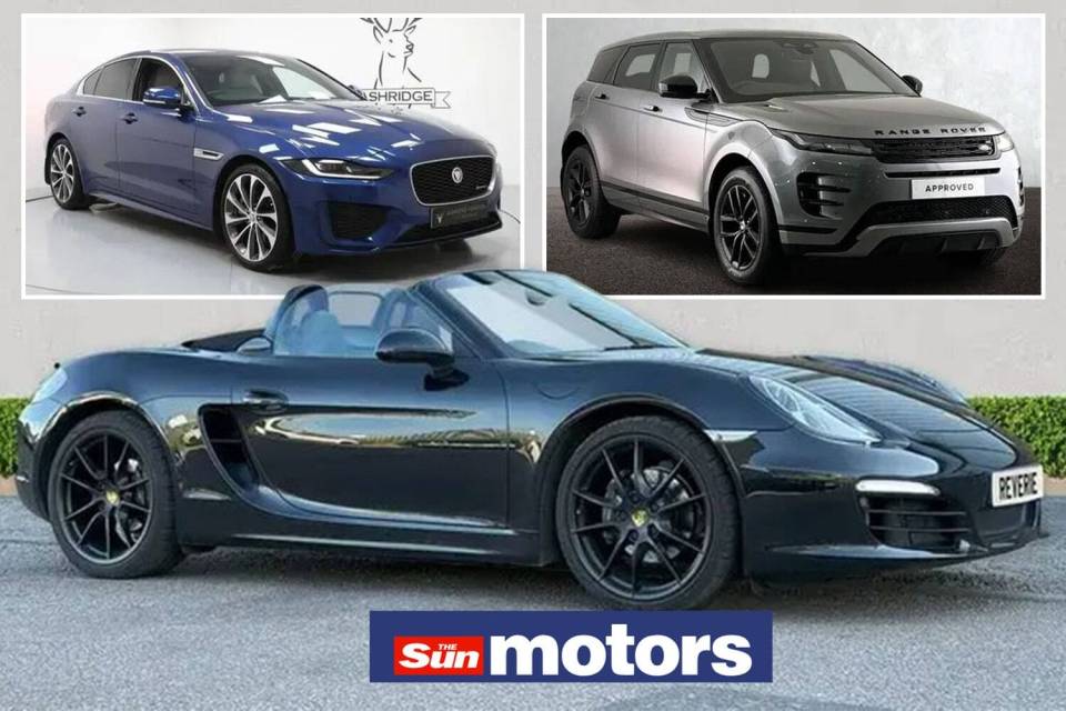 Collage of three cars: a blue Jaguar, a silver Range Rover, and a black Porsche.
