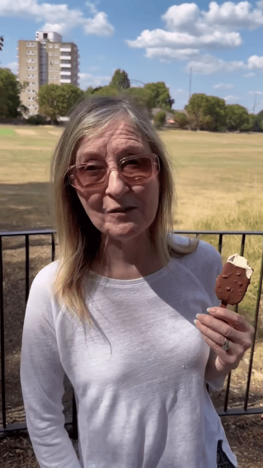 Fiona Phillips holding an ice cream.