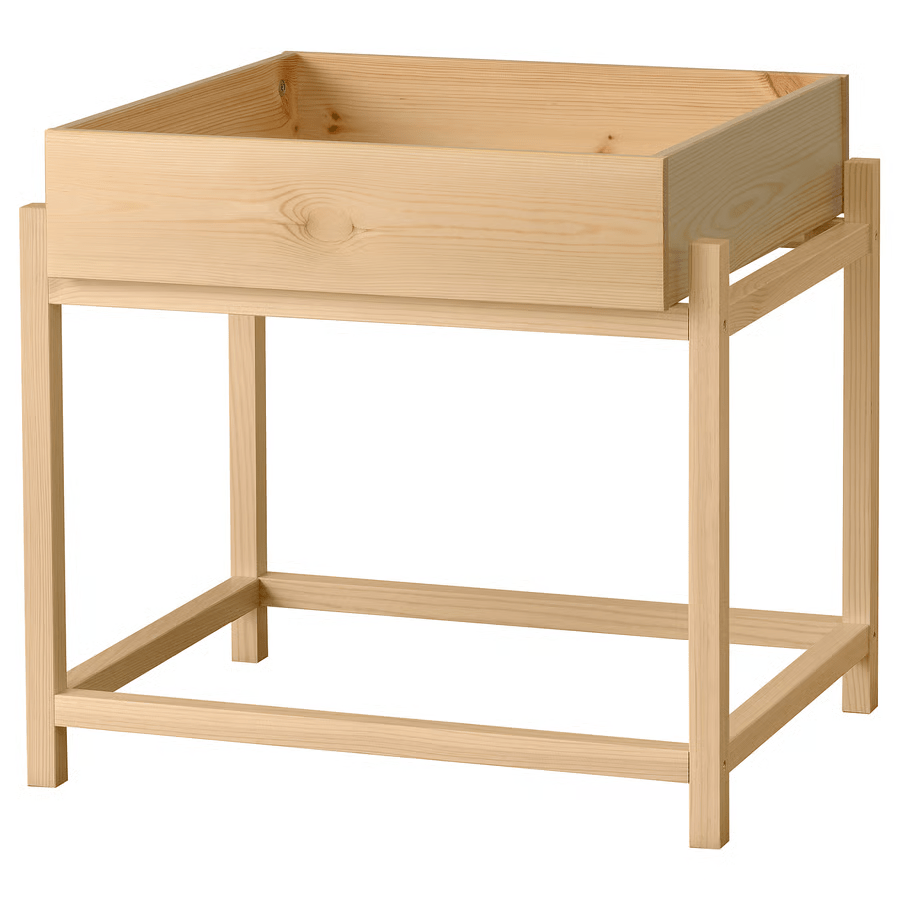 Wooden planter box on stand.