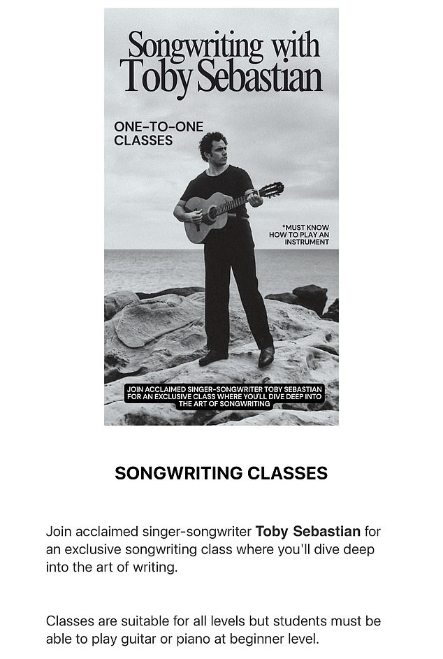 Toby, who is an actor and musician, sent an email out to his mailing list earlier this month advertising private songwriting sessions