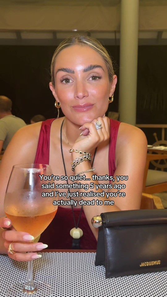 Frankie Bridge in a video saying, "You're so quiet... thanks, you said something 5 years ago and I've just realised you're actually dead to me."