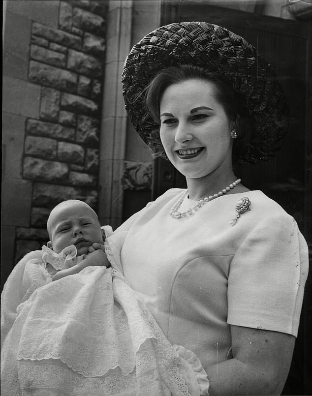 Pictured: Janet Mountbatten, Marchioness of Milford Haven, pictured with her son Lord Ivar Mountbatten at his christening at St Andrew's Church, Hampstead