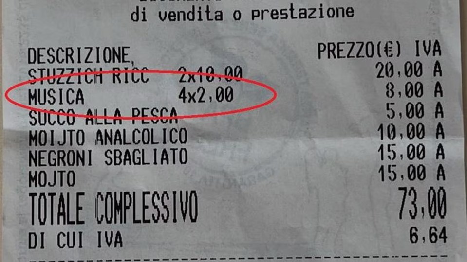 Receipt showing an 8.00 euro music charge.
