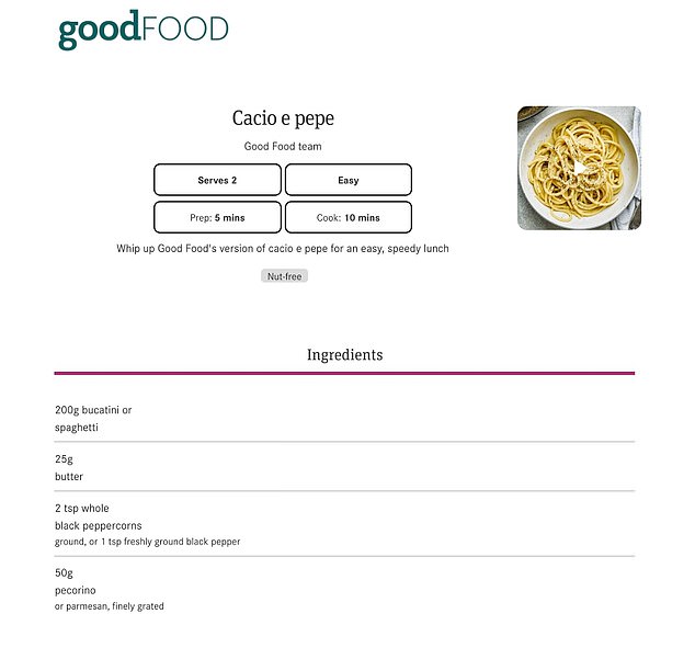 The cacio e pepe recipe on Good Food advised readers they could whip up the dish using four simple ingredients - spaghetti, pepper, parmesan and butter