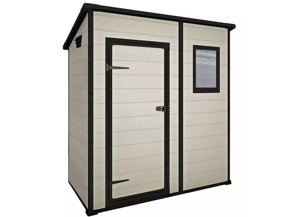 Plastic storage shed with door and window.