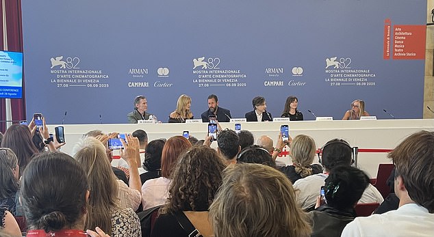 George Clooney, 64, was absent from a press conference for his new film, Jay Kelly, during the second day of Venice Film Festival on Thursday due to a 'serious sinus infection' (pictured L-R: Billy Crudup, Laura Dern, Adam Sandler, Noah Baumbach and Emily Mortimer)