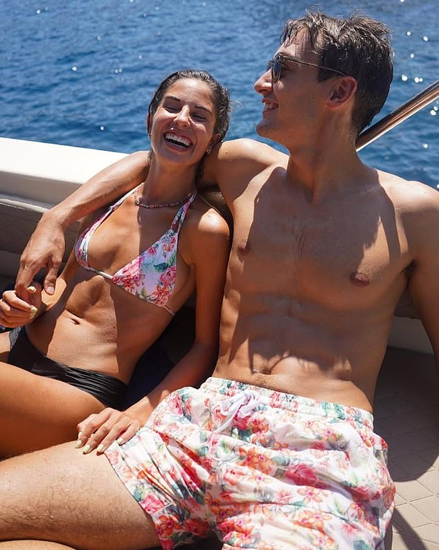 George Russell, pictured here with girlfriend Carmen Montero Mundt, is on the brink of signing a new £30-a-year deal with Mercedes that will more than double his wage