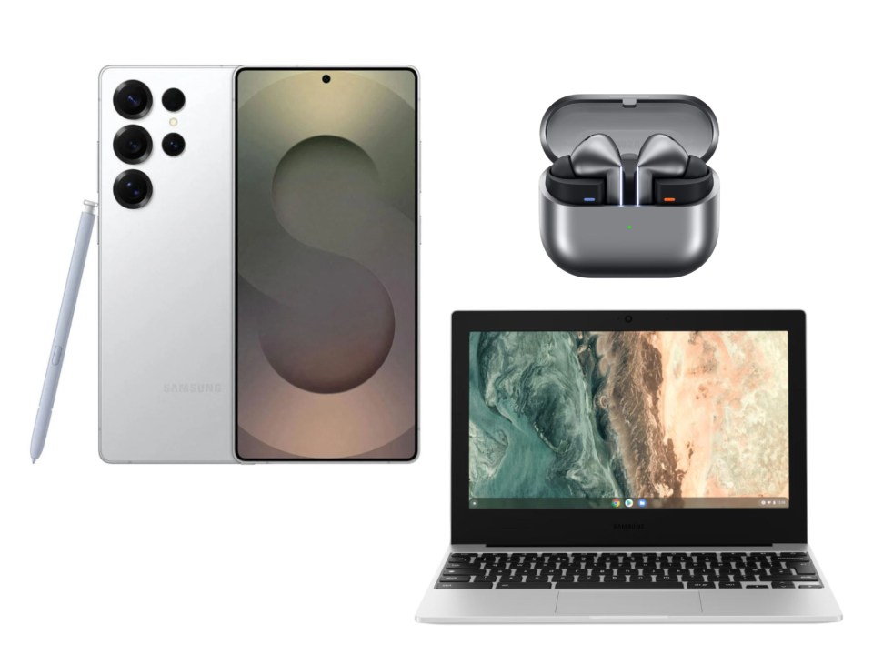 Samsung Galaxy S25 Ultra phone with stylus, earbuds, and Chromebook Go.