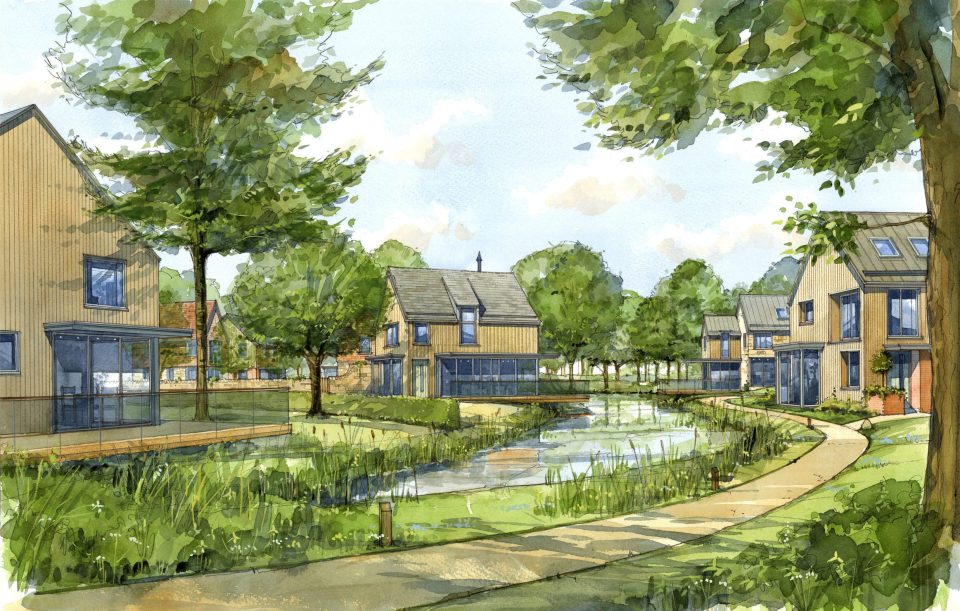 Illustration of a village with houses around a pond.