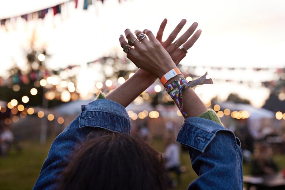 Woman's hands raised at a music festival.