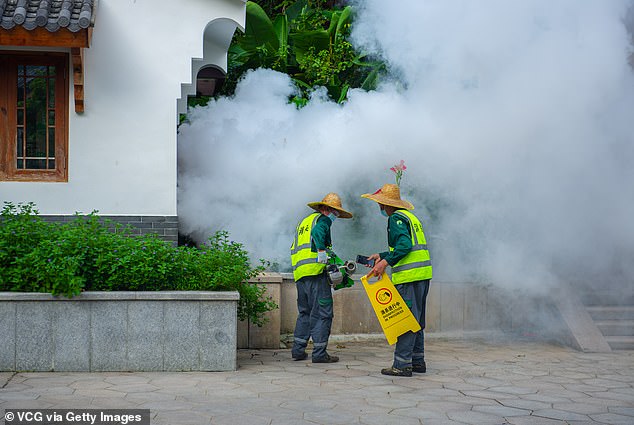 Workers use a sprayer to eradicate mosquitos at a park in order to prevent the spread of the mosquito-borne chikungunya virus