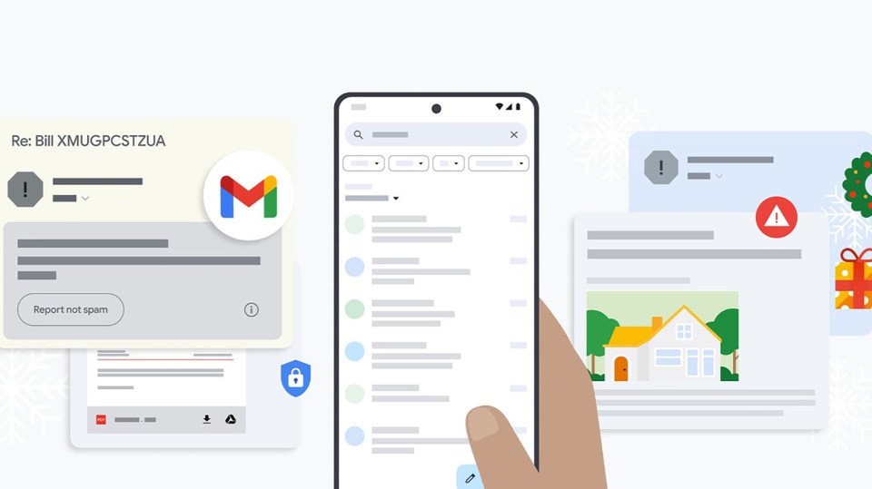 Illustration of Gmail spam detection and security features on a smartphone.