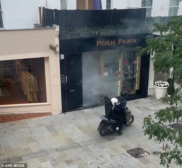 The robbers appear to have smashed a large window to enter the shop, only to be foiled by a thick plume of smoke and startled by a blaring alarm system