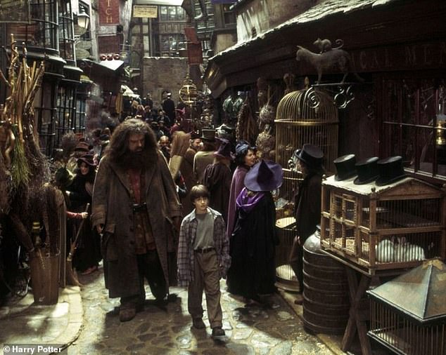 The new images bear a striking resemblance to the original film (pictured Harry and Hagrid in Diagon alley in the first film)