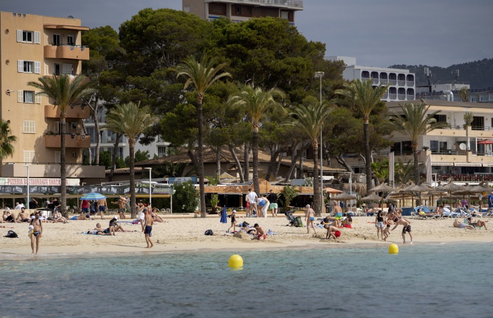 Beachgoers relaxing on a sandy beach near hotels and palm trees.