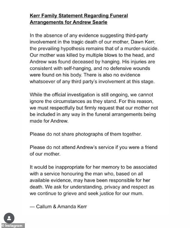Mr Kerr said in a post on social media it would be 'inappropriate' for her memory to be associated with the man 'who may have been responsible for her death'
