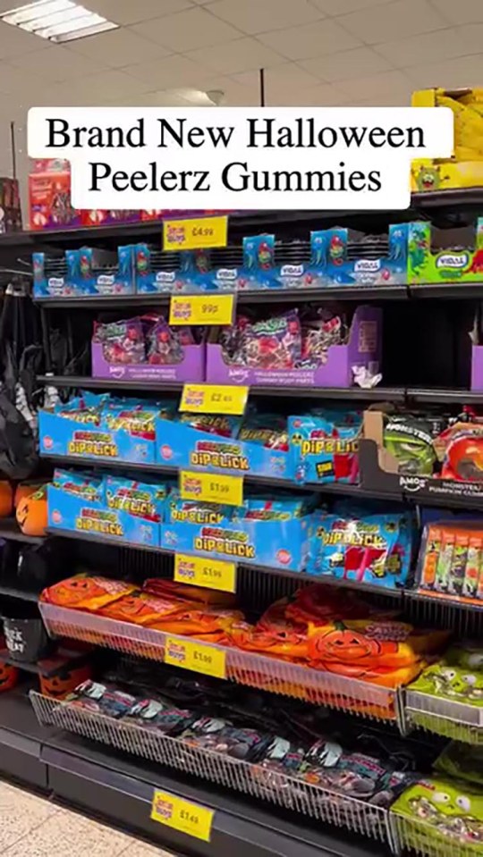 Halloween Peelerz Gummies and other Halloween candy on store shelves.