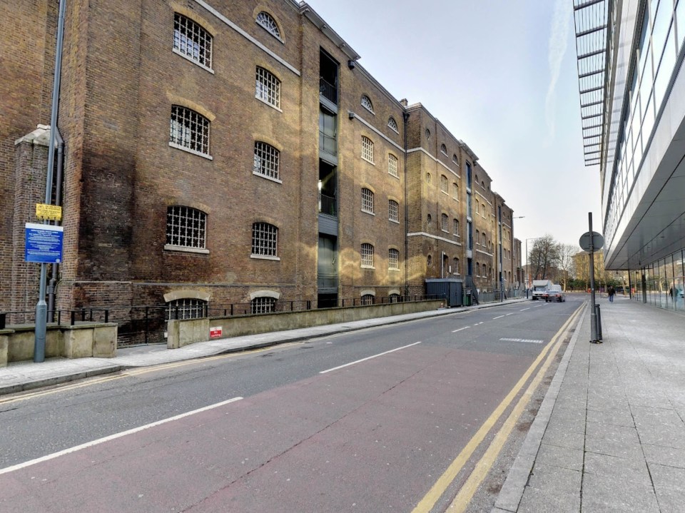 Street scene with a brick building.