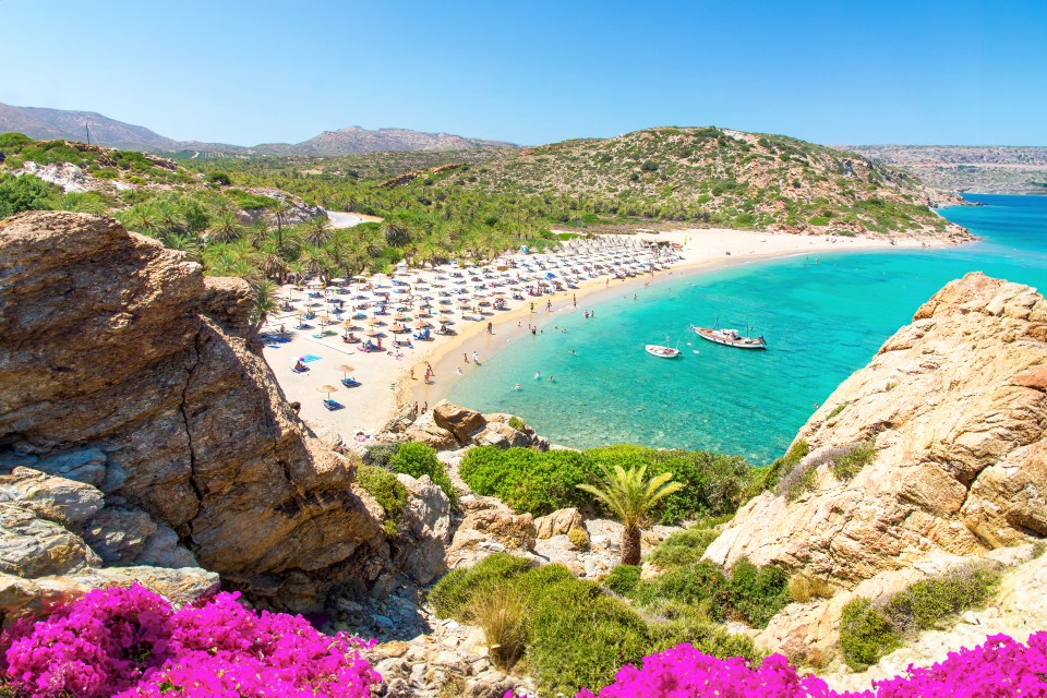 Vai beach in Crete, Greece: palm trees, turquoise water, and people relaxing on the sandy shore.