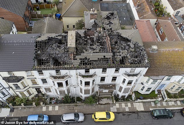 An overhead view of the derelict Victory Hotel in Great Yarmouth. The abandoned hotel went up in flames in 2023 in a suspected arson attack and has been left in its damaged condition