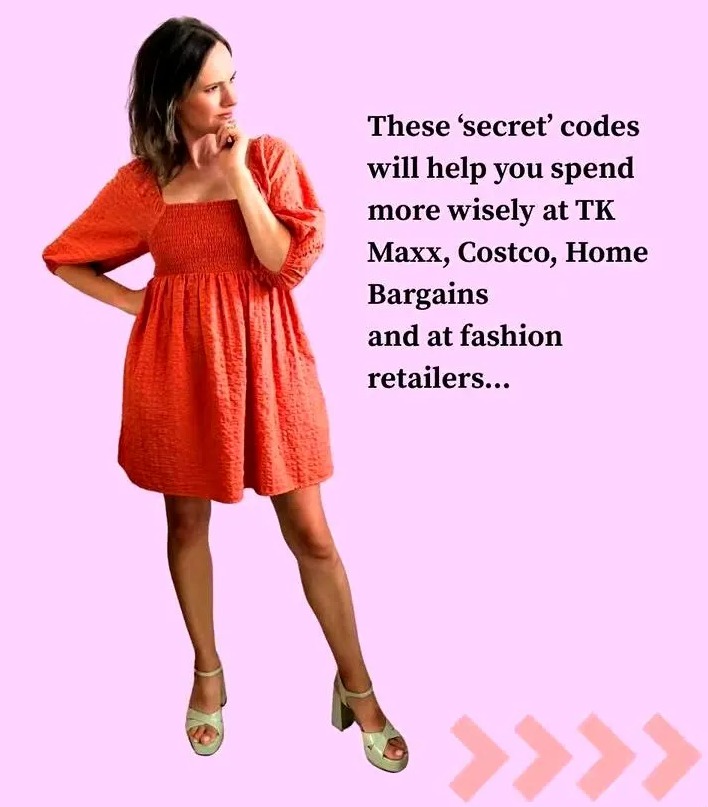 Woman in orange dress explaining secret codes for saving money at various retailers.