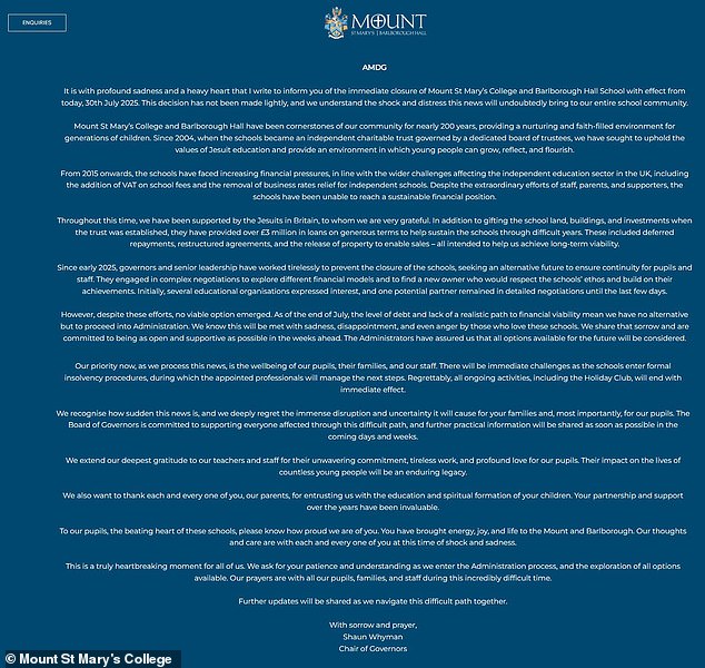 Pictured: A statement on Mount St Mary's College's website announcing its closure