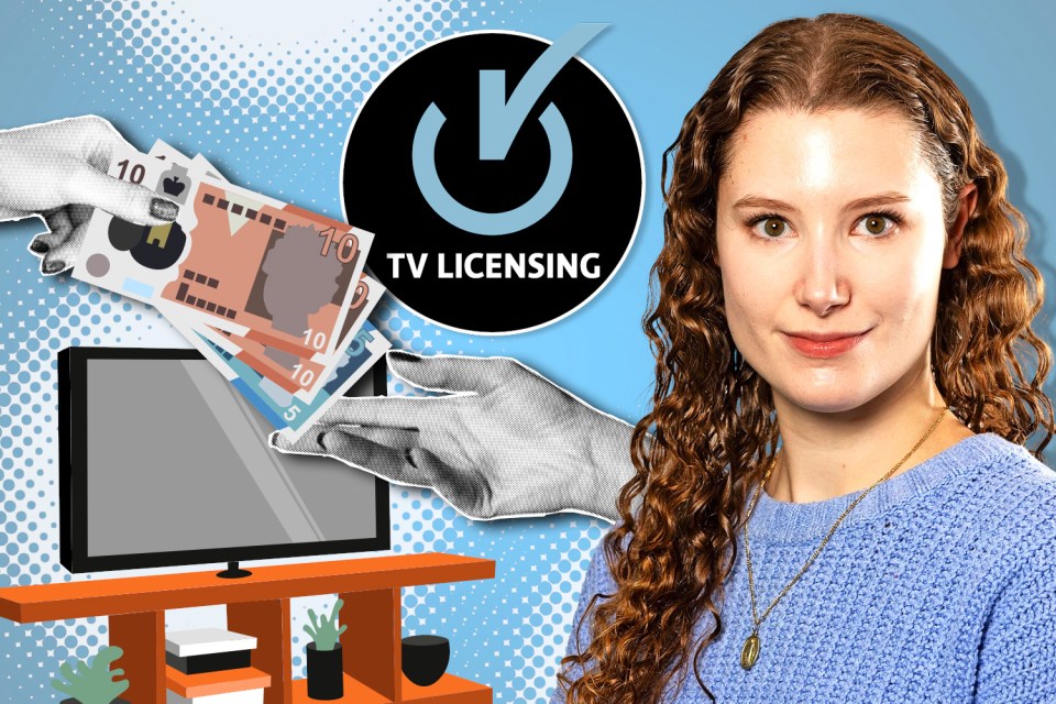Illustration of a woman, a TV, and money, with a TV licensing logo.
