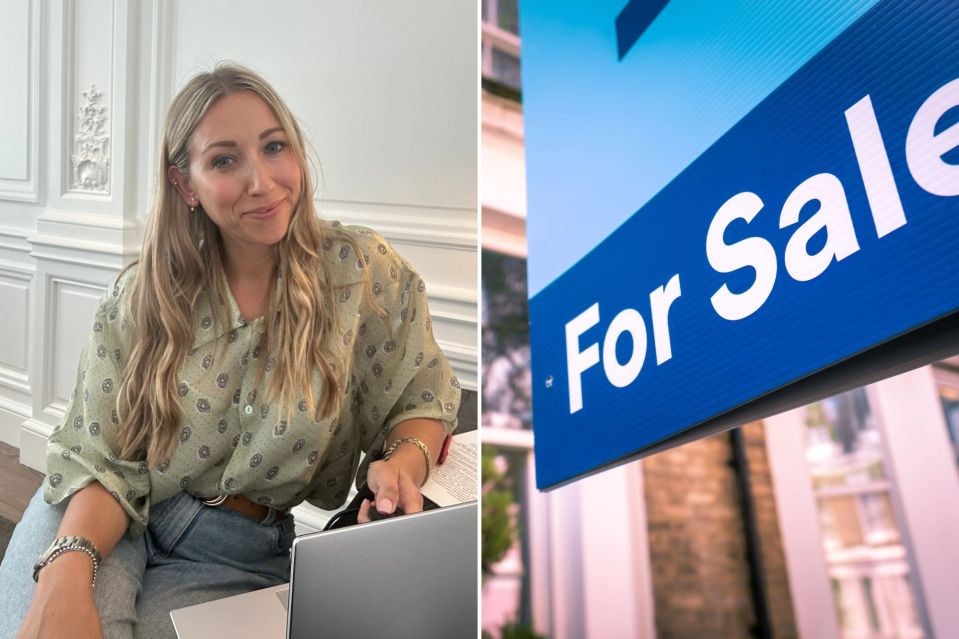 An image collage containing 2 images, Image 1 shows Woman sitting at a laptop, Image 2 shows "For Sale" sign in front of houses