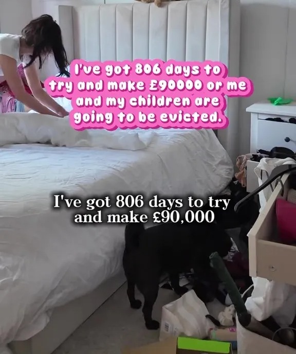 Woman making bed; text overlay states she needs to raise £90,000 to avoid eviction.