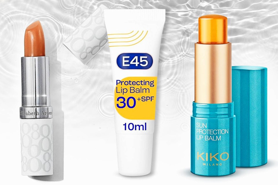 Three lip balms: Elizabeth Arden lipstick, E45 Protecting Lip Balm SPF 30, and KIKO Milano Sun Protection Lip Balm.