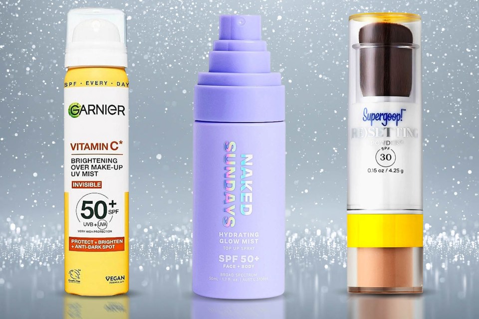 Collage of three sunscreens: Garnier Vitamin C Brightening Over Make-Up UV Mist, Naked Sundays Hydrating Glow Mist, and Supergoop! (R)Setting Powder.