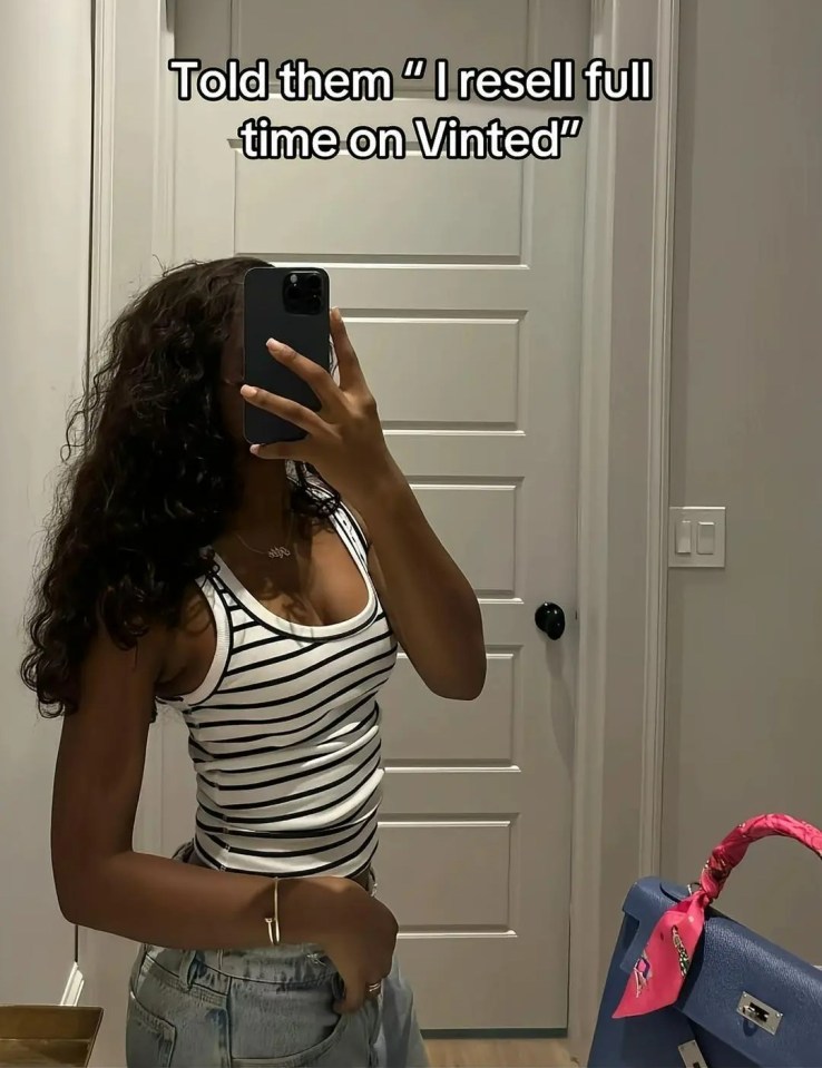 Woman taking a selfie, stating she resells full time on Vinted.