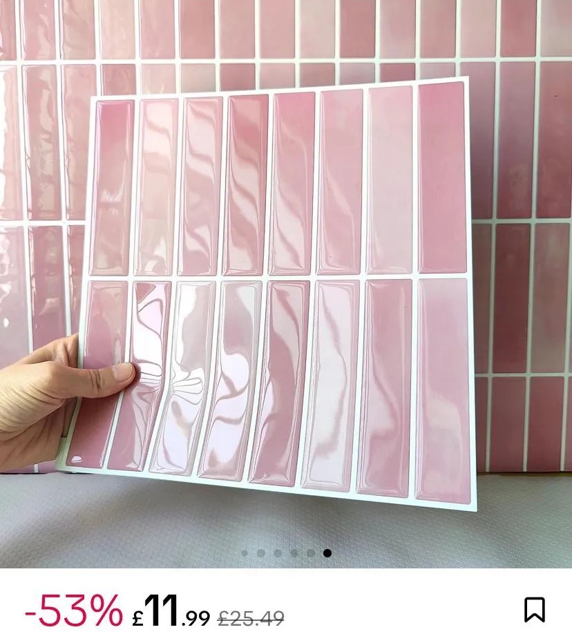 Pink simulated ceramic tile wall stickers.