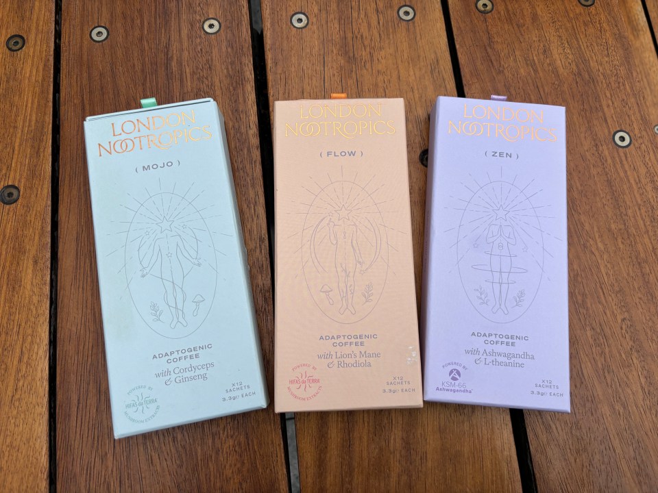 Three boxes of London Nootropics adaptogenic coffee: Mojo, Flow, and Zen.