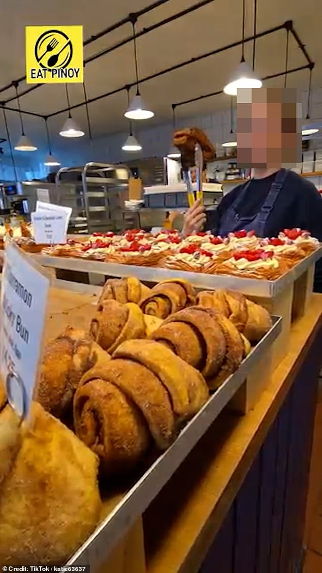 Food influencer Eat Pinoy, based in the Philippines, posted a video, which was later shared by @katie63637, complaining about a staff member at London bakery Fortitude Bakehouse - but their video (pictured) backfired