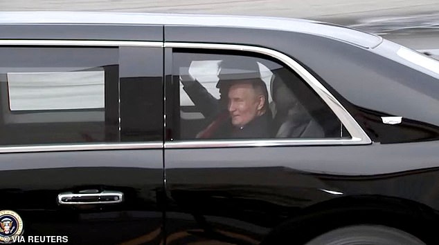 Russian President Vladimir Putin (right) appears to be smiling as he takes a ride in the Beast with President Donald Trump (left), a surprising display of affection given to a leader who invaded Ukraine, a U.S. ally, in February 2022