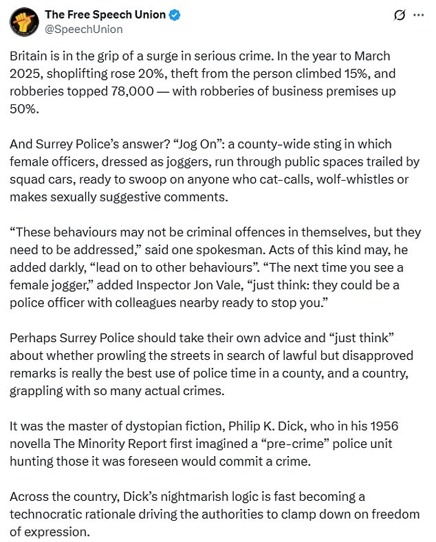 The Free Speech Union condemned Surrey Police's crackdown on catcalling