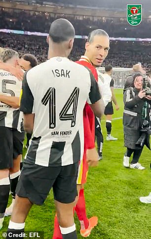 Isak shared an embrace and an exchange with Virgil van Dijk after the Carabao Cup final