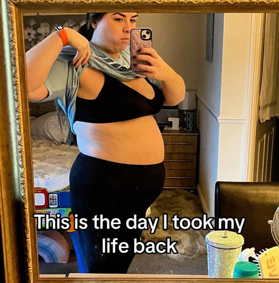 Selfie reflection of a woman in bra and leggings, captioned "This is the day I took my life back".