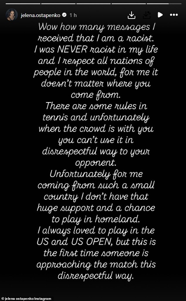 'How many messages I received that I am a racist... I was NEVER racist,' Ostapenko said