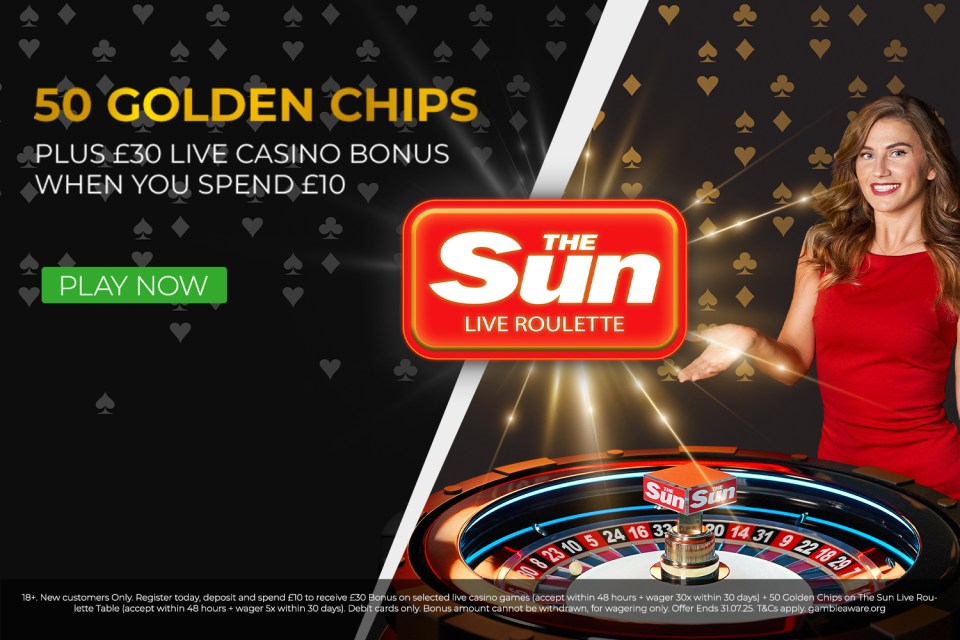 The Sun Live Roulette advertisement: 50 golden chips and £30 bonus when you spend £10.