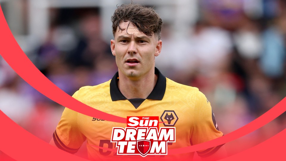 Larsen in Wolverhampton Wanderers kit, The Sun Dream Team logo.