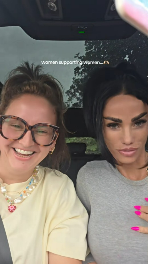 Katie Price and a woman in a car, with text overlay reading "women supporting women...".