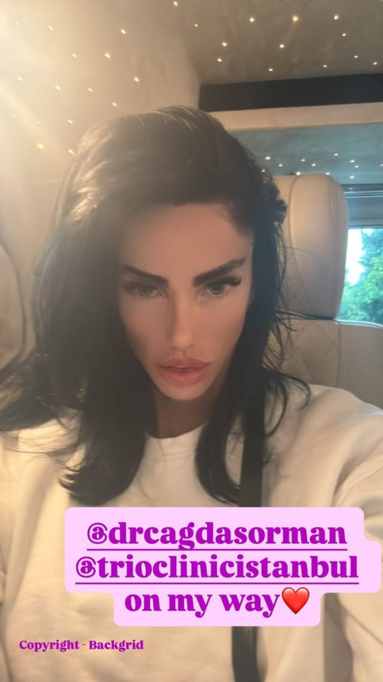 Katie Price selfie on her way to a clinic in Istanbul.